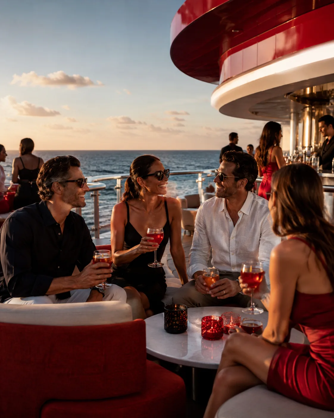 Grupo de amigos disfrutando Virgin Voyages a bordo